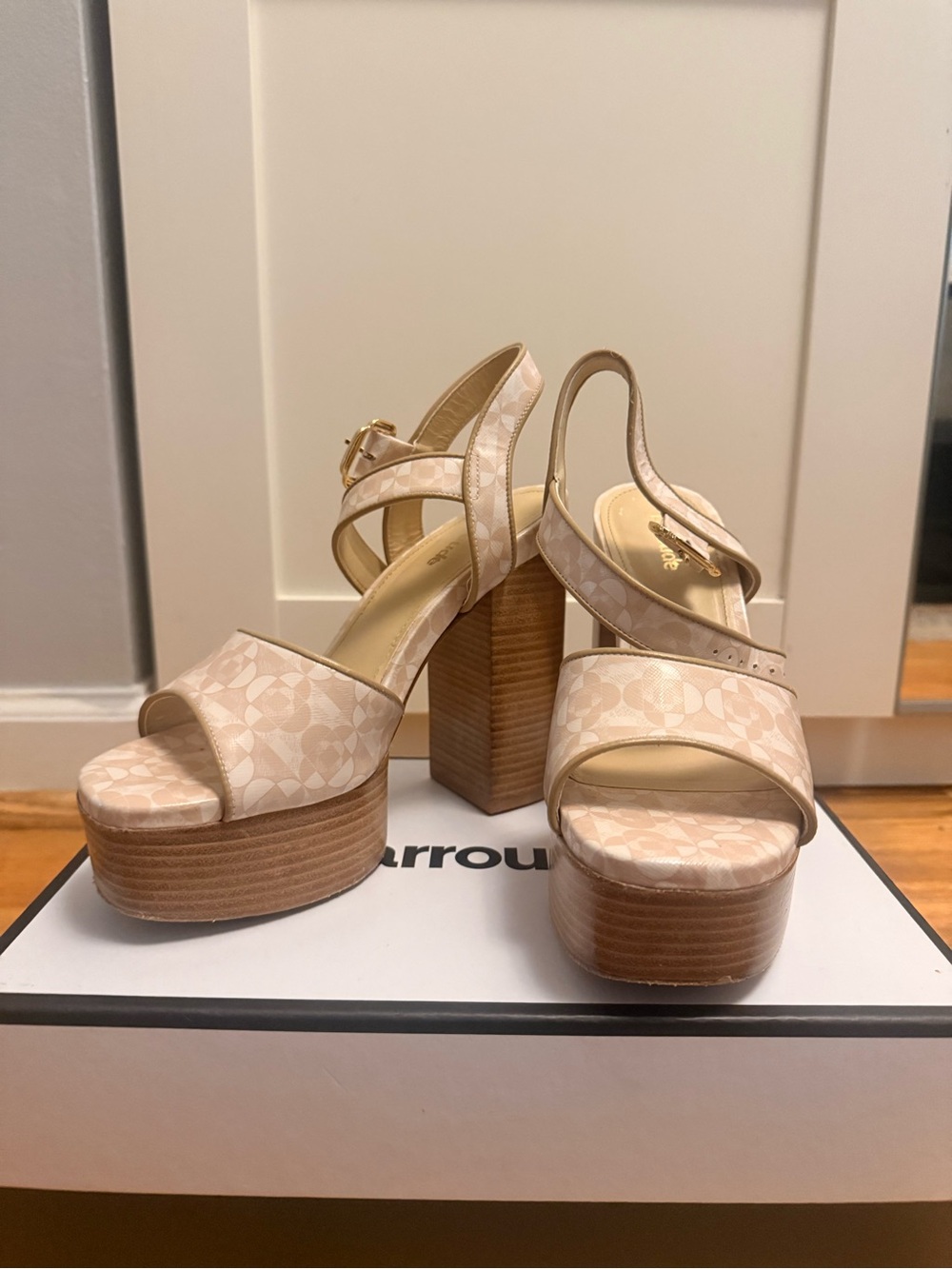 Larroude Cream Patterned Platform Sandals with Stacked Block Heel